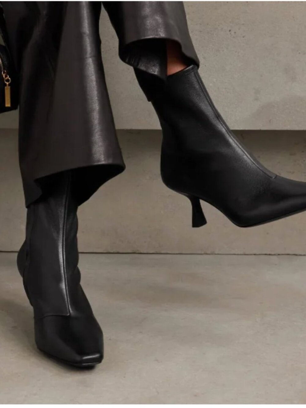 Loeffler Randall Thandy Leather Curved Ankle Boots Heeled Bootie Black Size 6.5